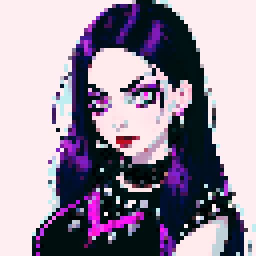 curvy, busty goth girls face, whole head portrait, black hair, purple eyeshadow, red lipstick, purple bikini, studded collar, vibrant srgb colors, edgy aesthetic. 16 bit, anime style