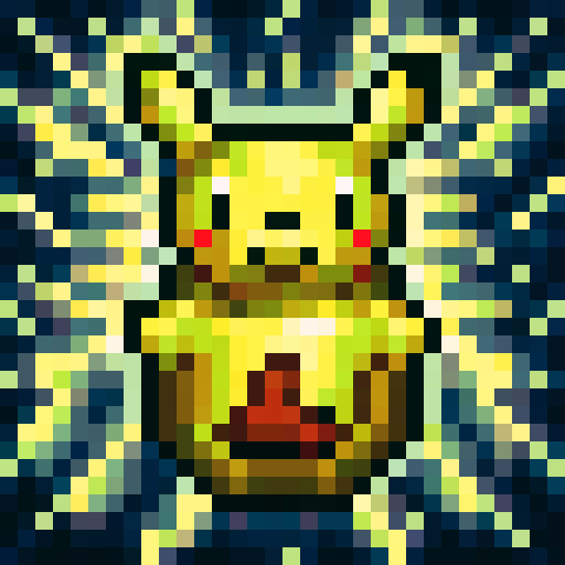Pikachu, game icon, 32x32 pixel art, sRGB, skill art, close up, portrait, vibrant yellow, rosy cheeks, round black eyes, pointy ears, lightning bolt tail