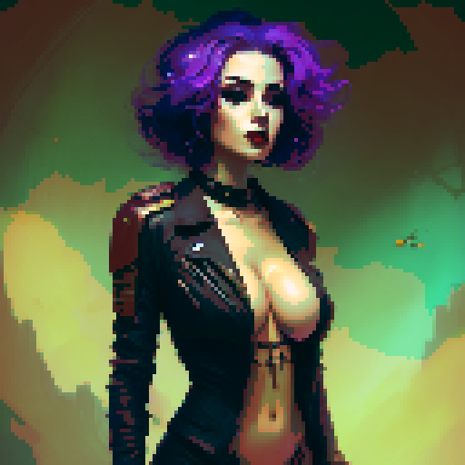 Curvy, busty goth girl, with purple hair, black eyeshadow and red lipstick. wearing bikini and studded collar, sexy seductive glamour shot, vibrant srgb colors, edgy aesthetic