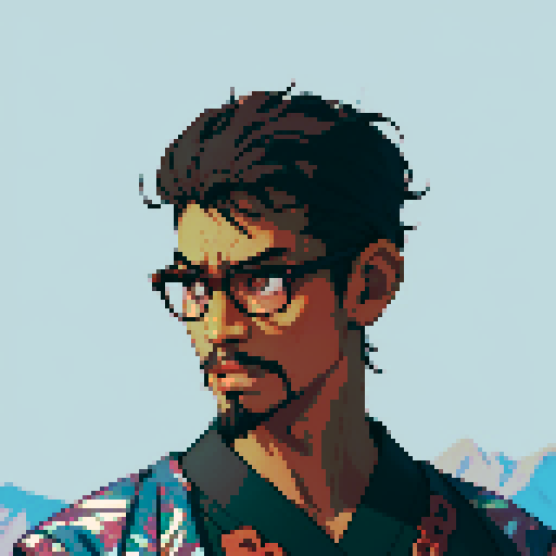 Southeast Asian man, short curly hair, round glasses, tanned, goatee, diamond shaped face, Wearing a robe
