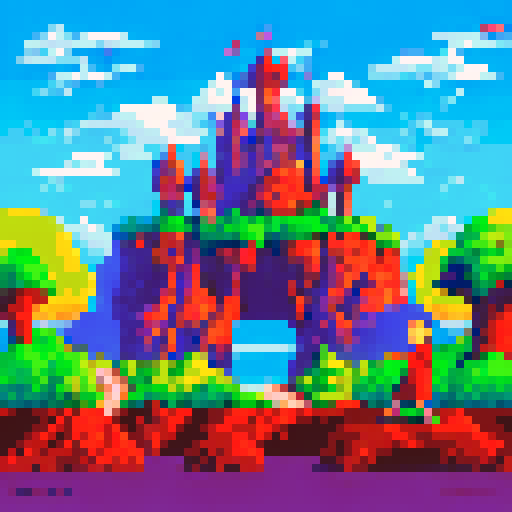 "Fit old woman and man adventurers in sRGB pixel art style, separated on opposite sides of the landscape background, with space in the middle for game links"