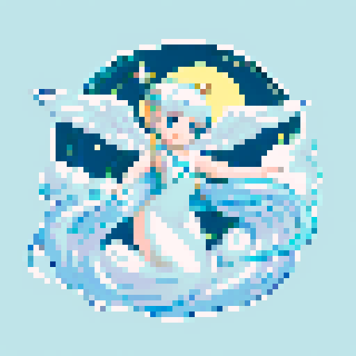 
Beautiful, ethereal angel with shimmering wings and flowing, liquid-like chrome body, rendered in minimalist pixel art with vibrant, dazzling sRGB colors