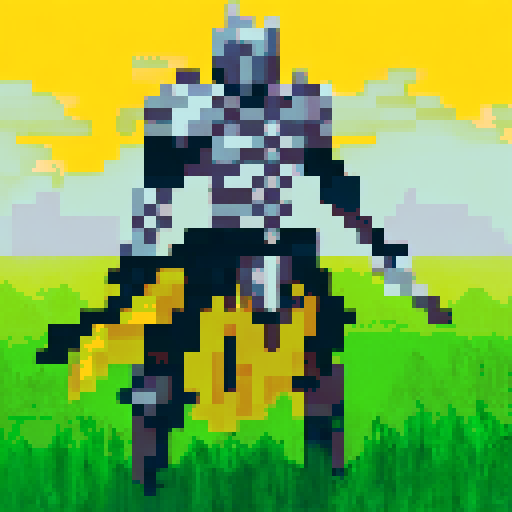 Knight in shining armor, wielding a glowing sword, standing on a grassy hilltop with a majestic castle in the background, surrounded by a golden aura.