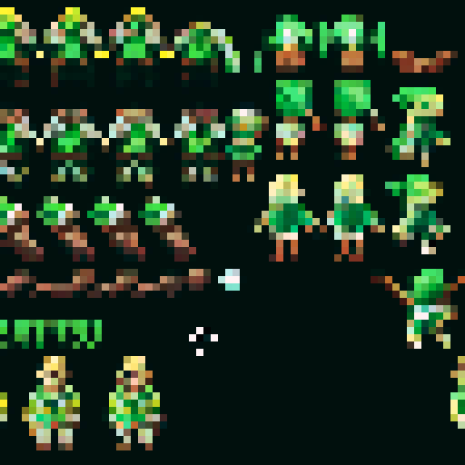 overhead view movement sprite sheet for a ranger in a rpg game serious and detailed with walking in all directions up down left right im using this in asprite tall using for animation of my game 