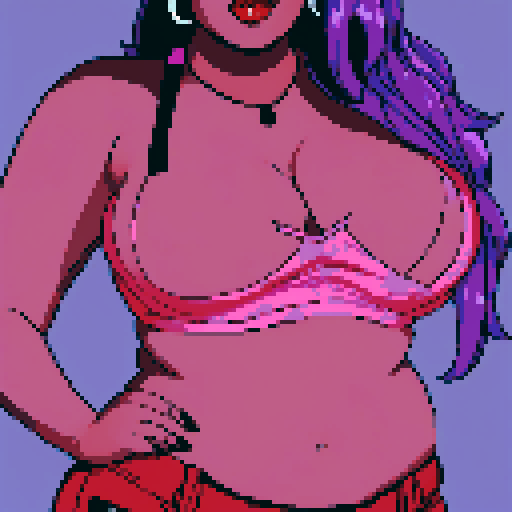 Plus size curvy, cute, busty greaser goth girl, with purple hair, black eyeshadow, red lipstick. Large breasts.  Wearing studded collar. Posing for sexy glamour shot. whole head portrait, avatar photo. vibrant sRGB colors, pixel art, edgy aesthetic