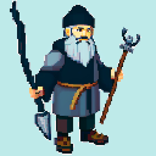 old raven-like druid with grey beard, with staff in hand