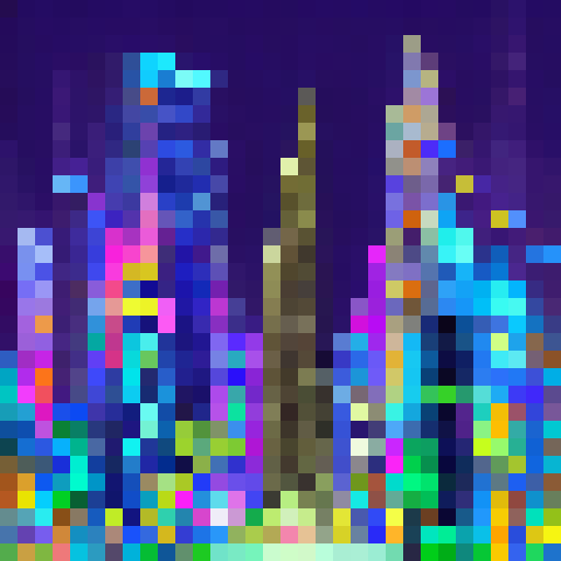 Shiv, a skilled artist, paints a vibrant, 32x32 pixel cityscape at night, featuring towering skyscrapers, neon lights, bustling traffic, and a full moon casting a ghostly glow over everything.