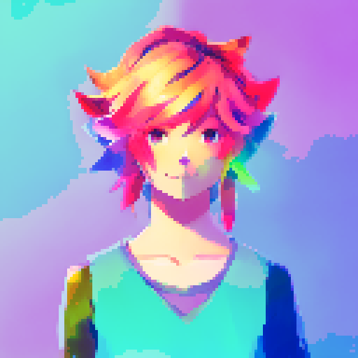 character with vibrant hair, expressive eyes, and a playful smile, surrounded by pixelated cherry blossoms and glowing neon lights, all rendered in the vibrant sRGB color space