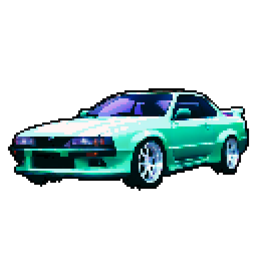 Photorealistic whole Nissan Silvia, three-quarter view, right front wheel, clean background, sRGB colors, pixel art style