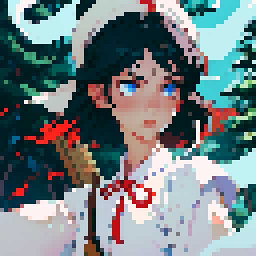 A girl, blue eyes, short black hair, white shirt, beige hat, red neck ribbon, holding an incense stick, night time in the forest background.