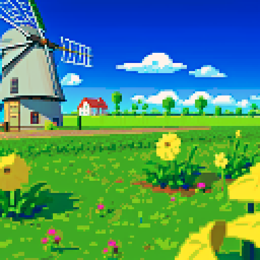 Wide open field, plains, sprouts of three long leaves, grey windmill in background