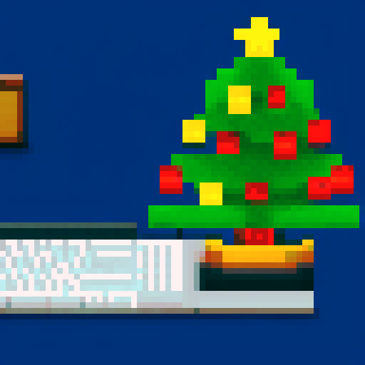 A keyboard and mouse connected to a decorated Christmas tree on a desk