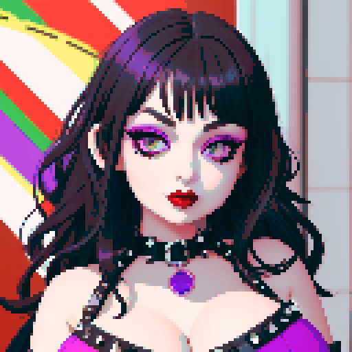 curvy, cute busty goth girl's face, whole head portrait, black hair, purple eyeshadow, red lipstick, low cut black studded leather halter top, studded collar, vibrant sRGB colors, seductive look.