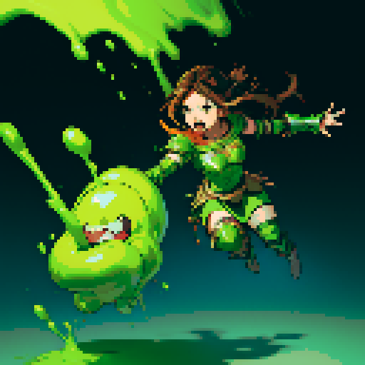 slime slamming into a hero, impact, splattering, full-body image, hero has brown hair and metal armor, slime is green