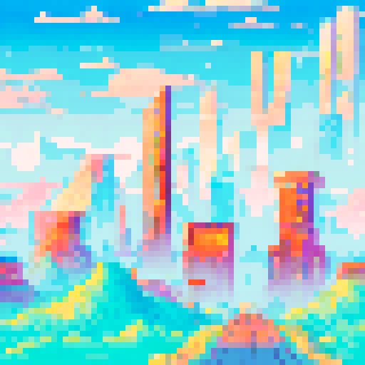 Red City, towering skyscrapers, futuristic architecture, glowing neon signs, bustling streets, Martian landscape, red sand dunes, crimson sky, pixelated buildings, vibrant colors, sRGB palette, sci-fi metropolis, otherworldly atmosphere,  digital art style