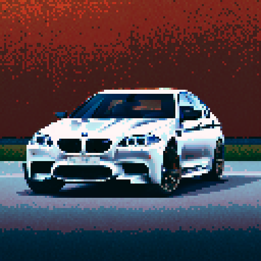Photorealistic, centered BMW M5 in a three quarter view, right wheel in front, clean background, pixel art style with sRGB colors
