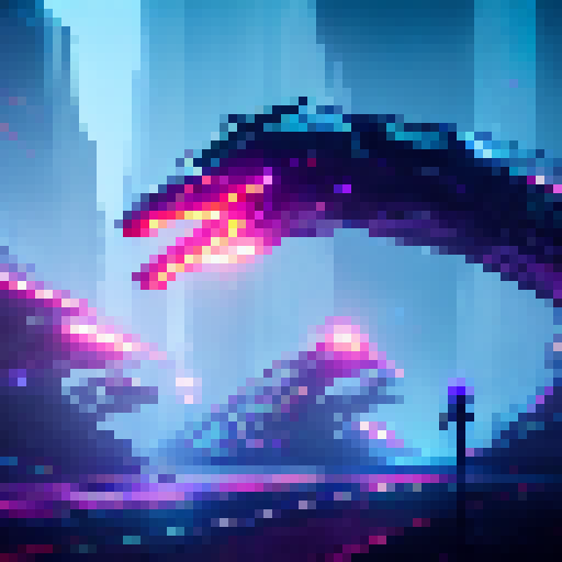A glowing, electric dragon bursts out of a neon forest, surrounded by sparkling orbs and futuristic buildings, all depicted in a cyberpunk art style.