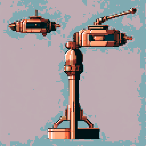 I want a copper structure reminiscent of a rotating gun on top of a turret. The design should be relatively simple. I also want this object usable as an asset in a videogame, meaning only one object per image, outlined with a strong black stroke, on a solid-color background.
