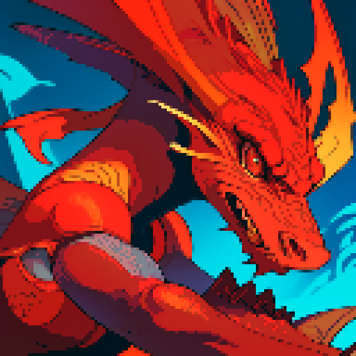 red dragon, vibrant red scales, fierce gaze, sharp claws, majestic wings, lounging lazily, shimmering pile of gold, intricate details, pixelated art style, sRGB color profile