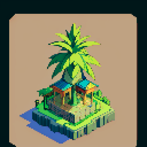 Giant Pineapple tree. Isometric view, set at night. With little baby pineapple saplings around.
