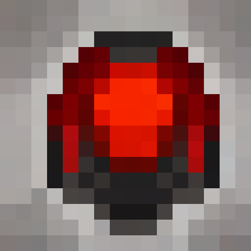 A fiery demon with red, glowing eyes and sharp horns, depicted in a 16x16 pixel portrait style, standing atop a mountain of skulls and holding a pitchfork.