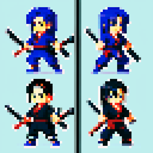 ninja anime pixelated avatars with katanas on there backs