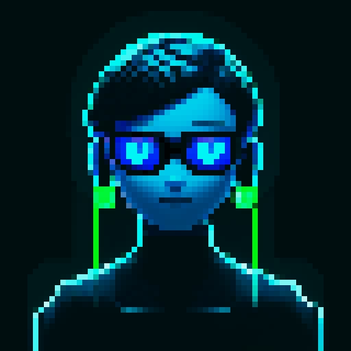 GitHub profile photo: modern, tech-inspired avatar of a coder with glowing lines, matrix-style code, and pixelated effects in the background Dark theme with shades of black, gray, and neon blue or green Innovative and futuristic design with pixel art and sRGB color space