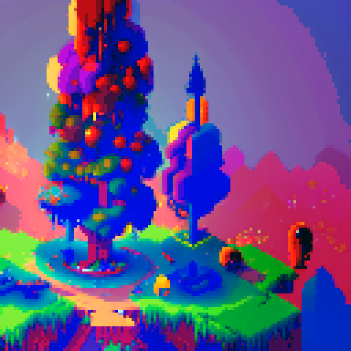 pixel art tree with vibrant and saturated colors, resembling the style of Hyper Light Drifter