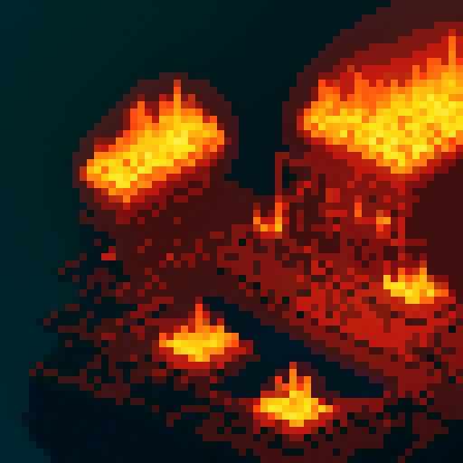 A raging inferno engulfs a tiny metropolis, with sinister skulls appearing in the flames and their ghostly visages haunting the smoke, all rendered in vibrant pixel art