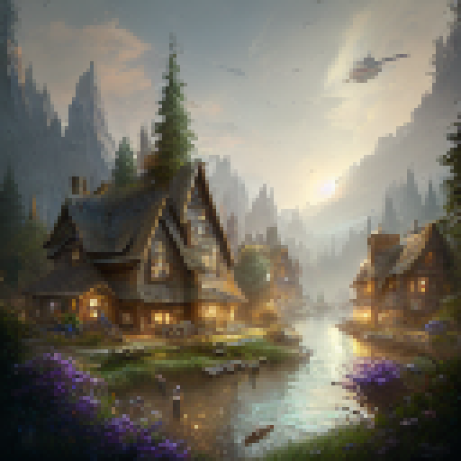Rustic and whimsical 

        "A charming village nestled amidst lush greenery, with quaint cottages perched alongside a winding stream and towering trees providing shade and shelter."