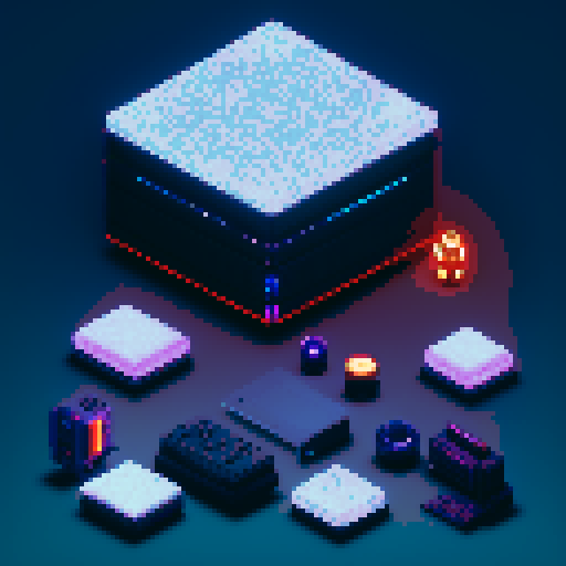 futuristic 4 tier lootbox, glowing buttons, silver box center, intricate details, pixel art style, sRGB