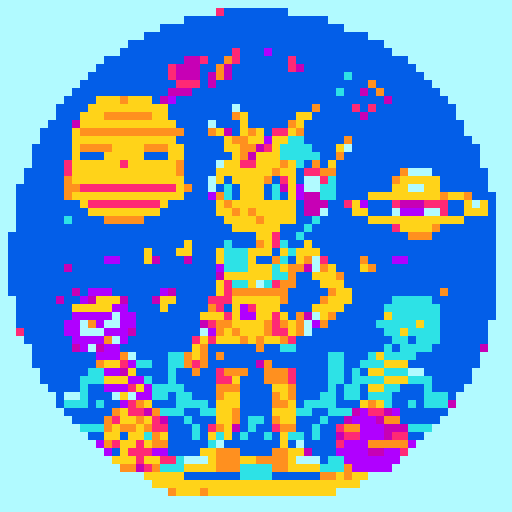 Alien character with golden headdress, glowing eyes, and hieroglyphic tattoos, holding a retro raygun, standing in a vibrant galaxy filled with colorful planets and stars, surrounded by futuristic UFOs and ancient Egyptian and Sumerian inspired architecture, all depicted in high quality pixel art using the retro sRGB color palette