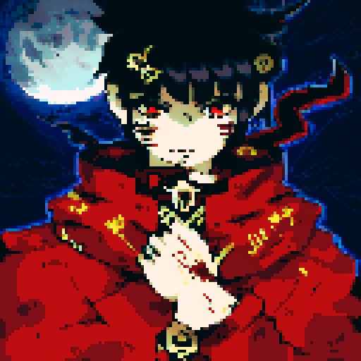 Male half-demon warrior, short black hair, captivating fusion of dark and fiery elements, red eyes reflecting fierce determination and vulnerability, attire blending traditional and modern influences from human and demon, character portrait, anime style, pixel art, close-up