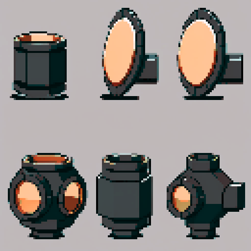 I want a horizontally wide copper attachment port. It should accept a circular object. I want this object usable an asset in a videogame, meaning only one object per image, outlined with a strong black stroke, on a solid-color background.
