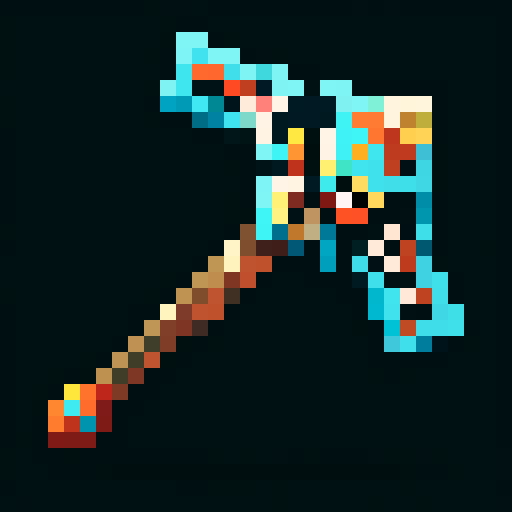 minecraft pickaxe, carved wooden handle, stone head, intricate tribal patterns, pixel art, sRGB