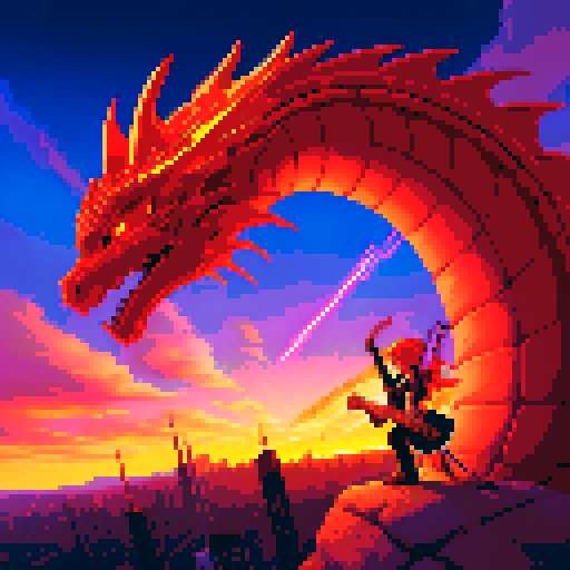 rock guitarist, dragon rider, fiery sky, futuristic city, guitar sword, pixel art, sRGB