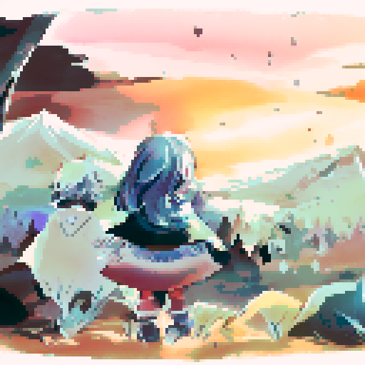 Two adventurous people staring into the sunset of a colorless wasteland