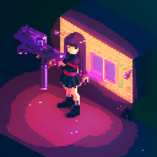 Street Mage anime girl with flowing hair, fluorescent tattoos, and a pixelated sniper rifle, navigating through a purple neon-lit night market and an sRGB glow

