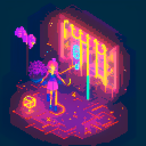 Mage anime girl with flowing hair, fluorescent tattoos, and a glowing staff, navigating through a purple neon-lit night market, vibrant colors, intricate patterns, retro aesthetics, pixel art