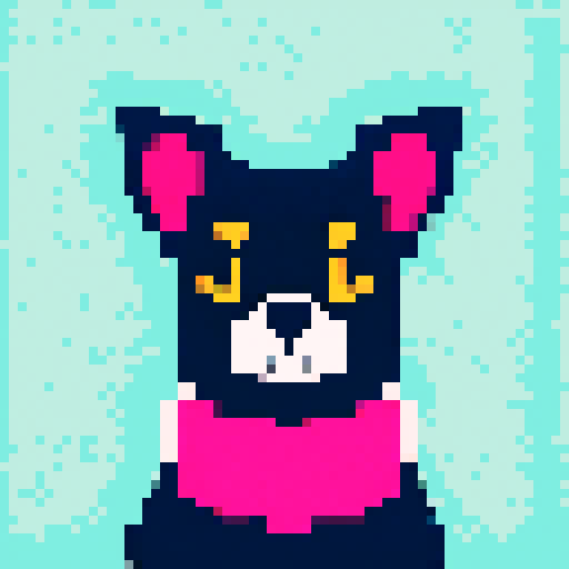 dog with floppy ears, dark eyes, in a whimsical and vibrant pixel art style, captured in a 3/4 angle portrait, sprite art
