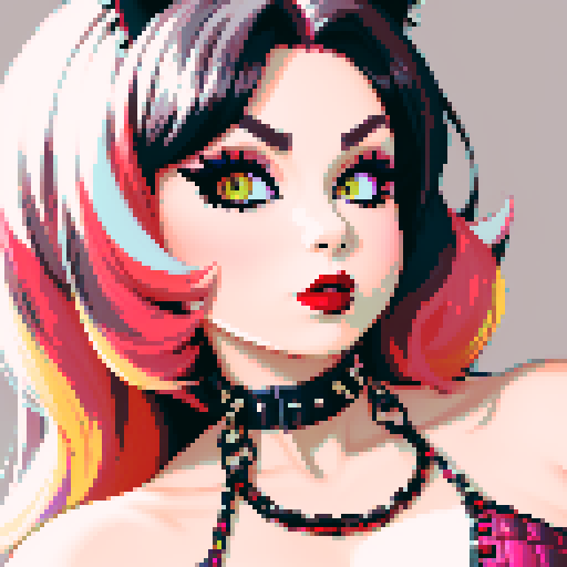 thicc, busty goth cat girl, long hair, eyeliner, red lipstick, studded collar, low cut halter top, up close face portrait, vibrant sega genesis palette, pixel art portrait, edgy aesthetic, pixel art, sRGB