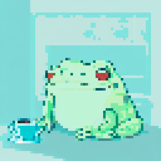 In the cozy ambiance of a dimly lit room, a small, jovial frog perches comfortably upon a plush couch chair, its diminutive size emphasized by the vastness of the furniture. The flickering flames of a nearby fireplace cast a warm glow, enveloping the space in a soft, golden light, creating an atmosphere of comfort and relaxation. With a mug clasped delicately between its tiny webbed fingers, the contented frog takes a sip of steaming coffee, its expression reflecting pure bliss.
