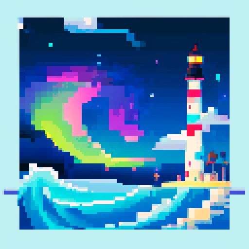 lighthouse, sea, aurora, vibrant colors, pixelated waves, glowing sky, geometric shapes, digital art, sRGB