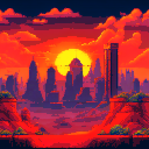 Crumbled skyscrapers jut out from a barren desert landscape, with sand dunes shifting in the foreground while a fiery red sky looms overhead, all depicted in a pixel art style with a moody sRGB color palette