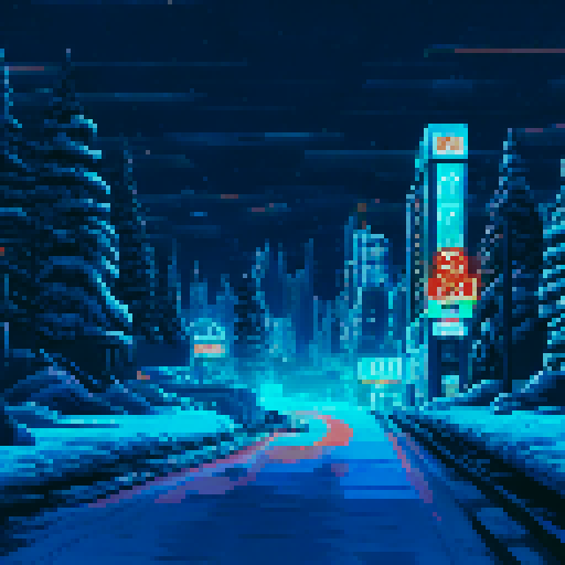 glowing neon sign reflecting off the snowy ground, road covered in a white snowy blanket, distant treeline silhouette, sRGB, pixel art, background, landscape