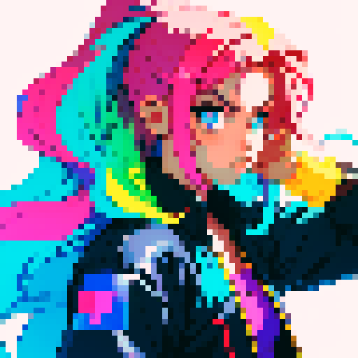 cool long hair guy with vibrant, neon-colored locks, rocking a retro-inspired pixel art hairstyle