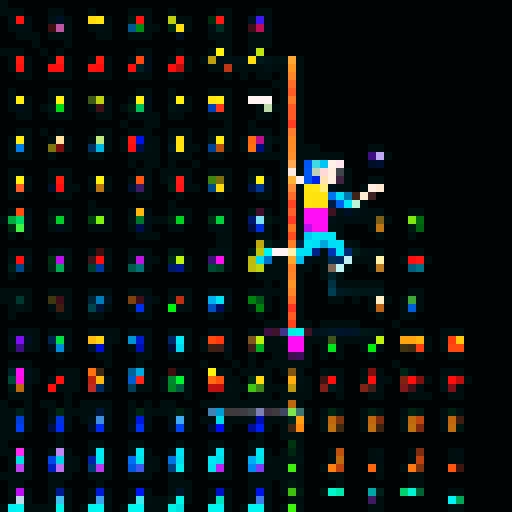 character in dynamic pose, sprinting with arms outstretched, running shoes with vibrant colors, diagonal movement, spritesheet capturing 8 directions, sitting on a ledge, legs dangling, climbing a ladder with determined expression, pixel art style, vibrant sRGB colors