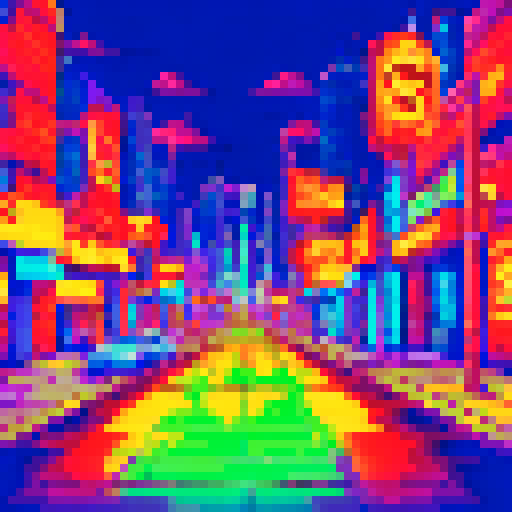 Neon-lit casino street, bustling with pixelated characters, vibrant sRGB colors illuminating the background landscape