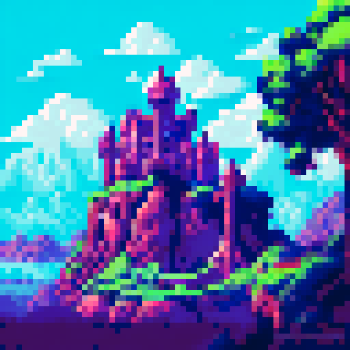 ElonMusk speeding in a sleek electric car, with a majestic castle looming in the background, all rendered in vibrant sRGB pixel art that captures the lush greenery of the surrounding landscape