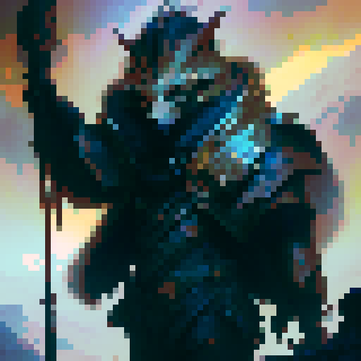 A towering, horned warrior adorned in golden armor and draped in fur, standing atop a misty mountaintop surrounded by swirling celestial lights and wielding a glowing, rune-carved greatsword